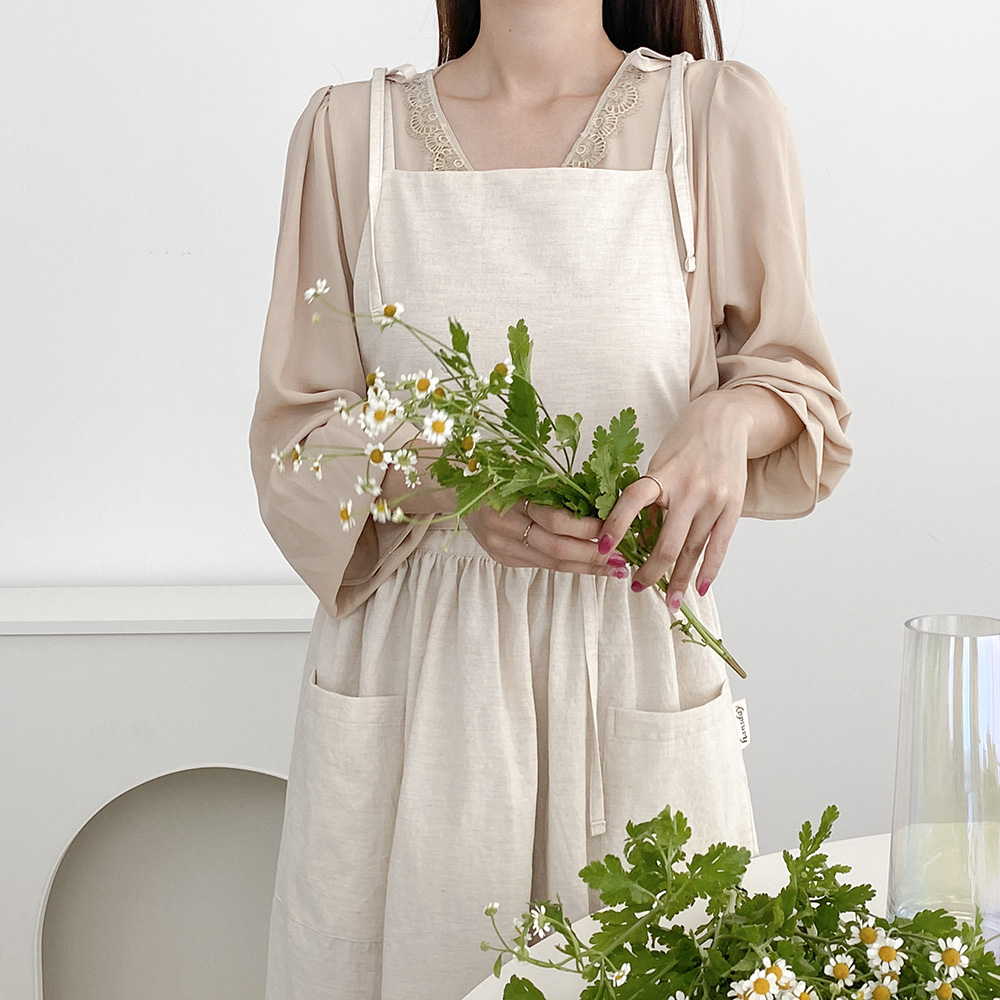 한스데이 노블리본 셔링 롱 원피스 린넨 플로리스트 꽃집 앞치마