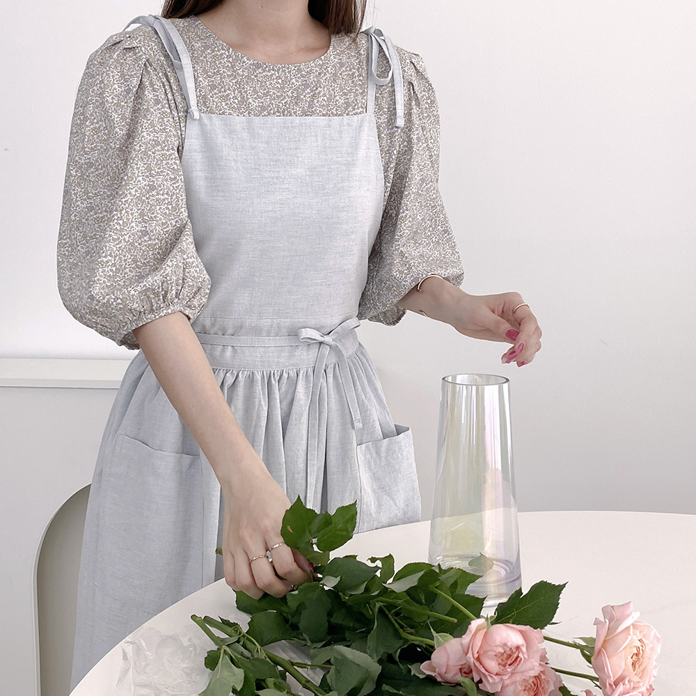 한스데이 노블리본 셔링 롱 원피스 린넨 플로리스트 꽃집 앞치마