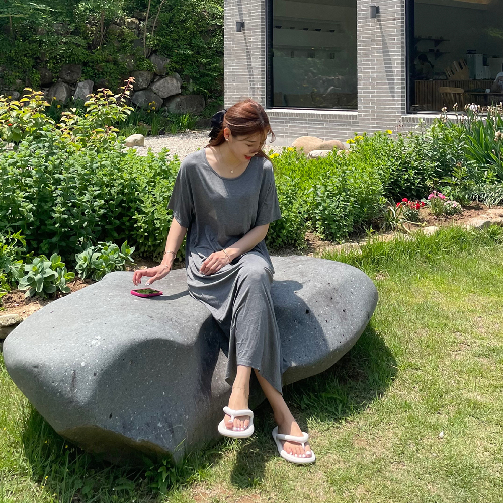 모달 찰랑 유넥 반팔 베이직 롱 여름원피스 이미지 2