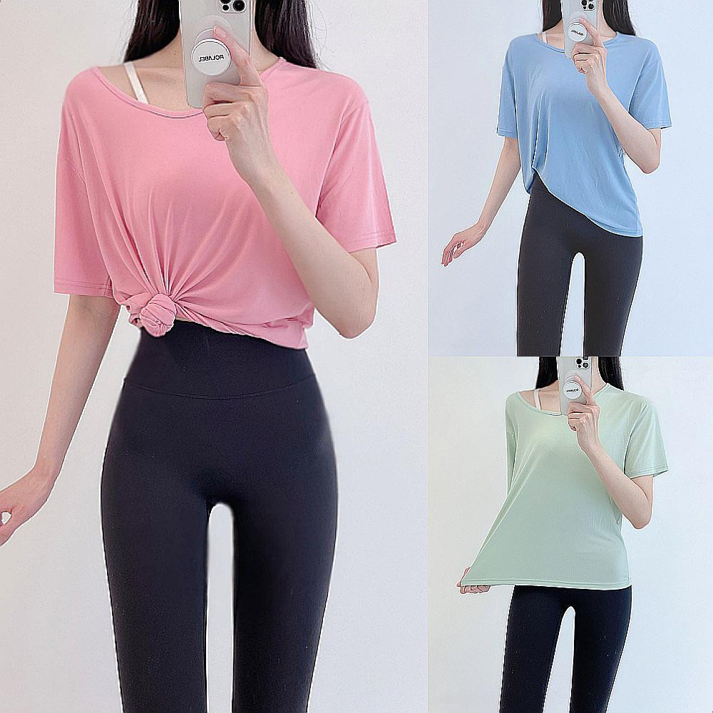 로라벨 샤인 필라테스복 여성 요가복 필라테스 요가 상의 티셔츠 옷 커버업 운동복 반팔 탑 - 상품 이미지