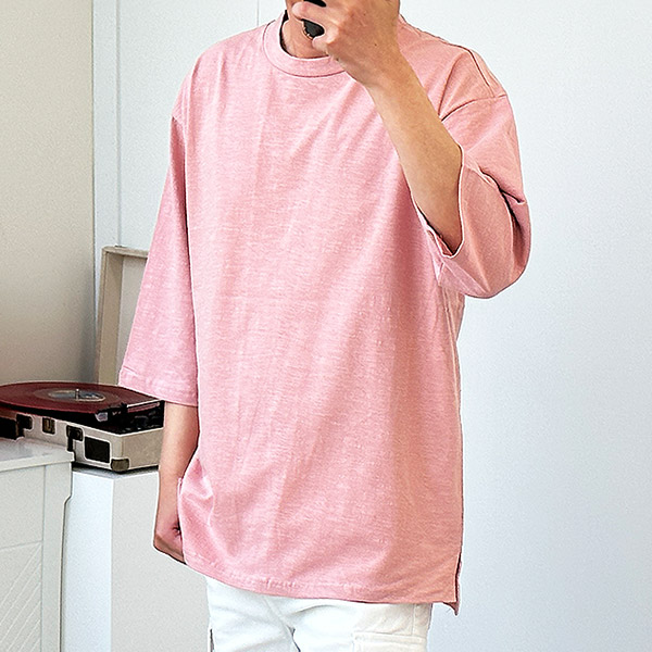 남자7부티셔츠 여름 슬라브 얇은 린넨 칠부티 빅사이즈 반팔