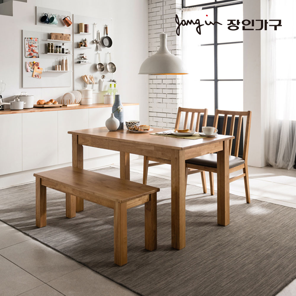 장인가구 웰리스D 고무나무 원목 4인 식탁세트 의자2 벤치1 - 상품 이미지