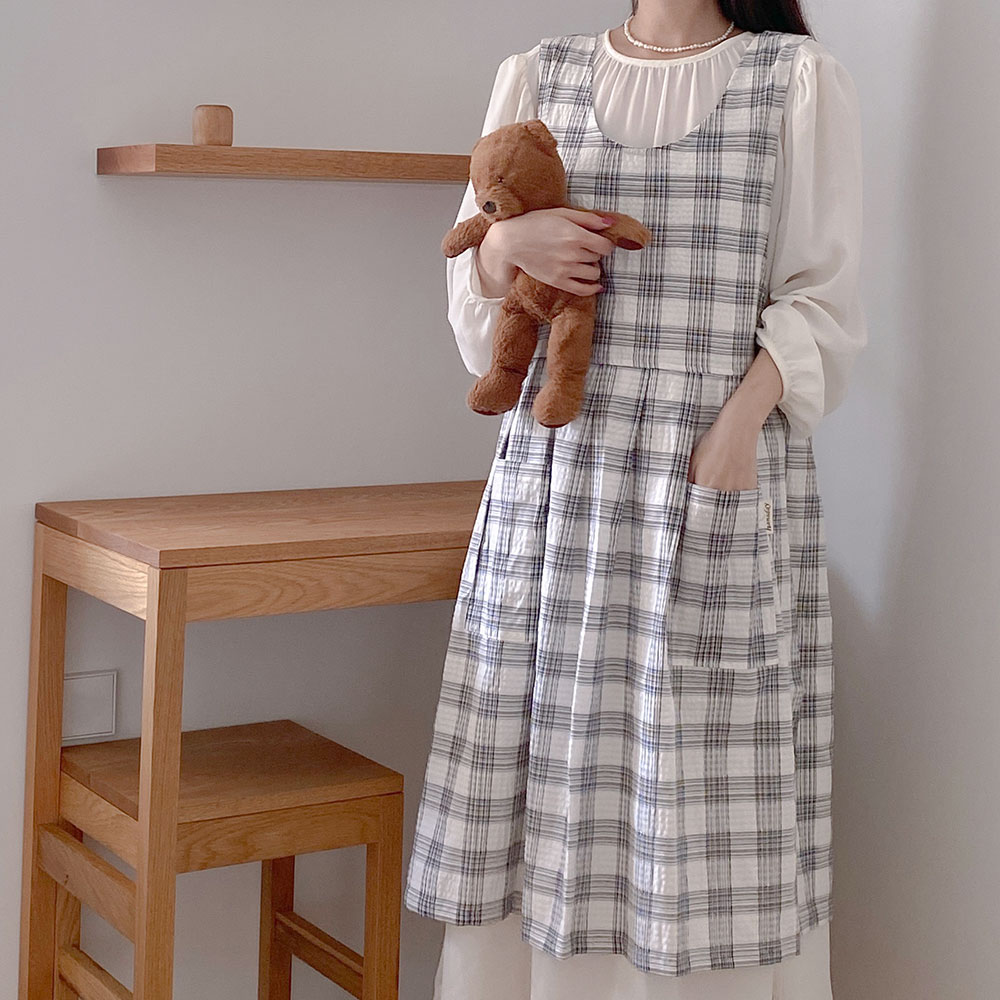한스데이 썸머체크 장금이 에이프런 단추형 여름 원피스 어린이집 앞치마