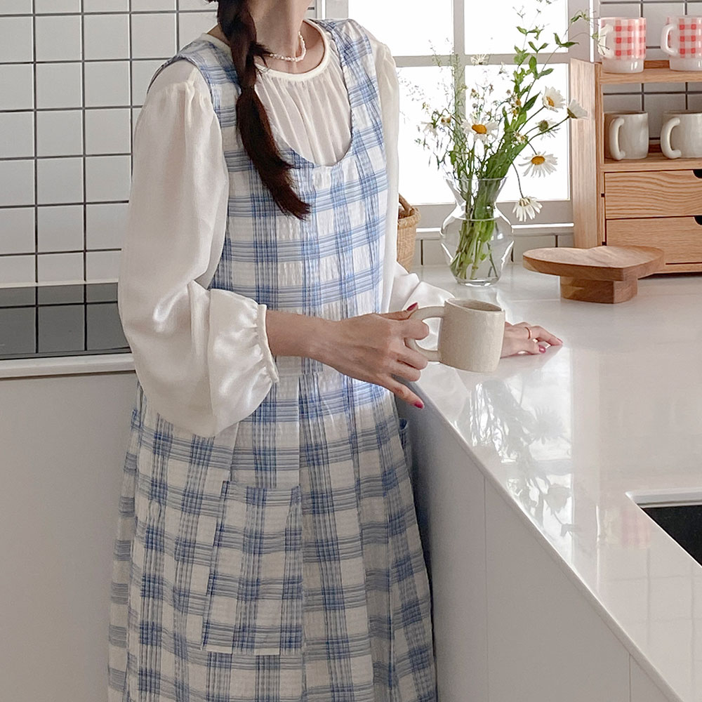 한스데이 썸머체크 장금이 에이프런 단추형 여름 원피스 어린이집 앞치마