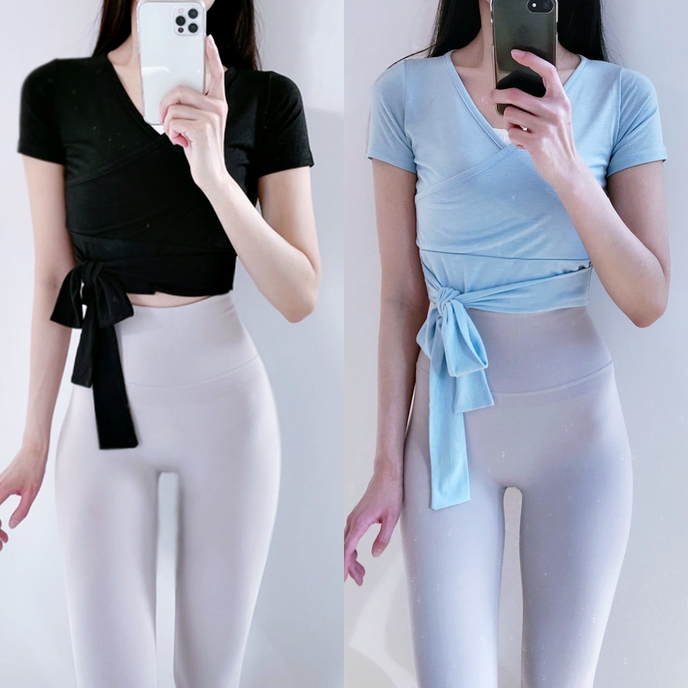 로라벨 터닝 반팔 랩 크롭 필라테스복 요가 커버업 탑 옷 폴웨어 운동복 티 여자 숏 상의 - 상품 이미지