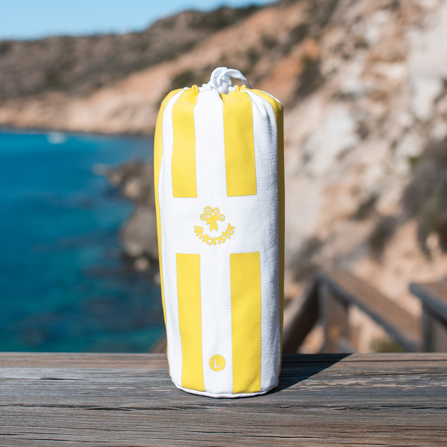 4몬스터 비치타올 스트라이프 극세사 대형 타월 다용도 수건 파우치 옐로우