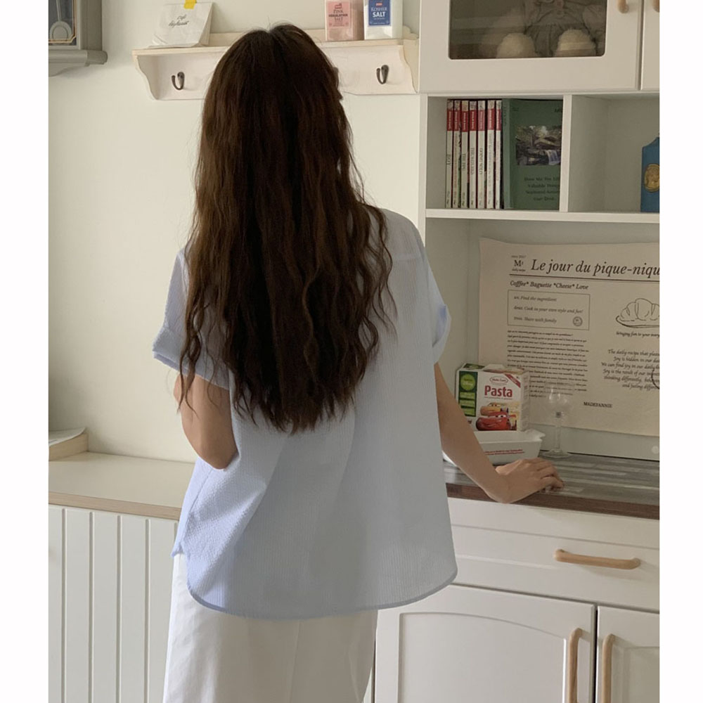 (무료배송,원단추천) 오버무드 여성 여름 신상 스트라이프 시원한 원단 구김 잔주름 줄무늬 롤업 셔츠 2color