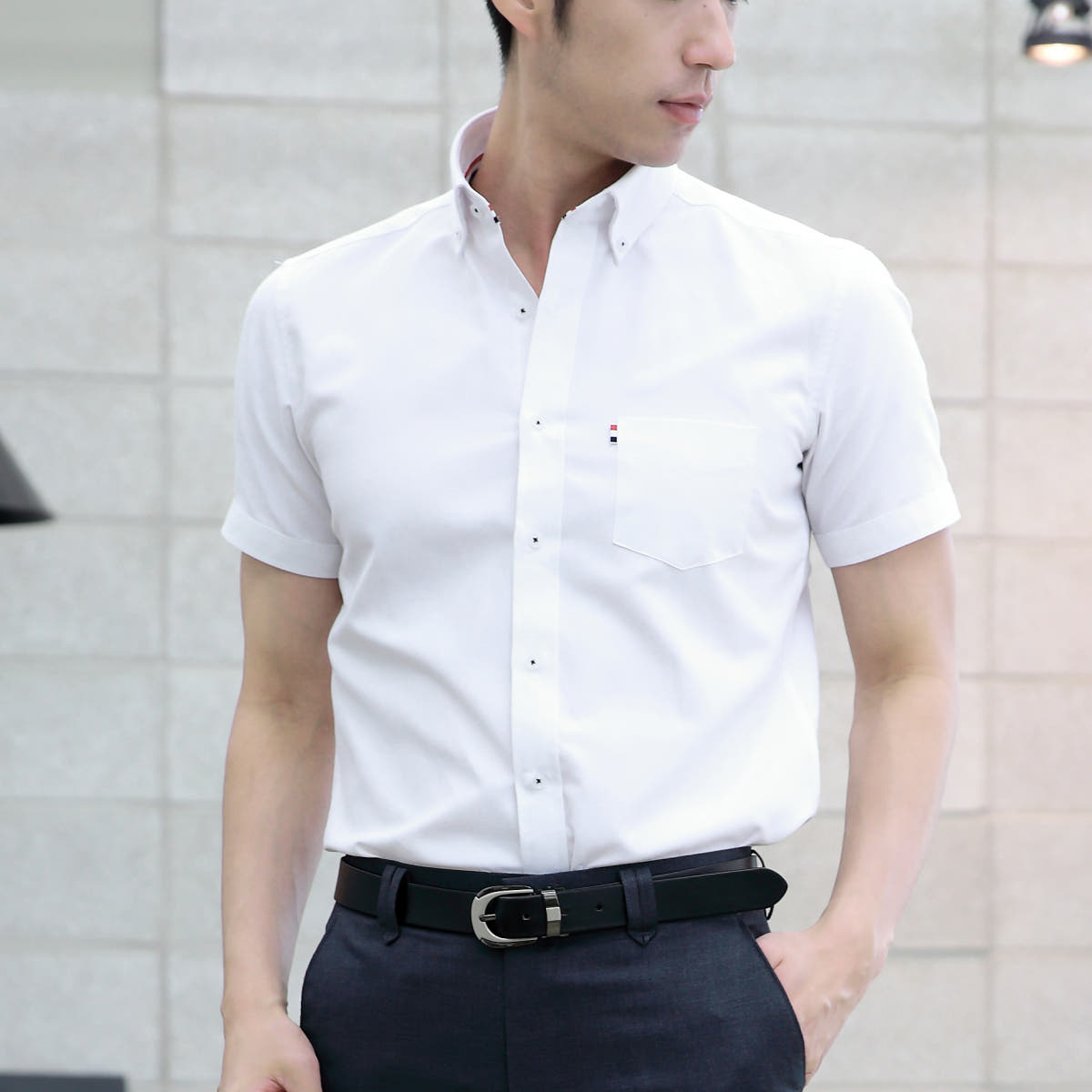 LUXTIE HOMME 럭스타이 남성용 슬림핏 옥스포드 버튼다운 반팔 와이셔츠 d627