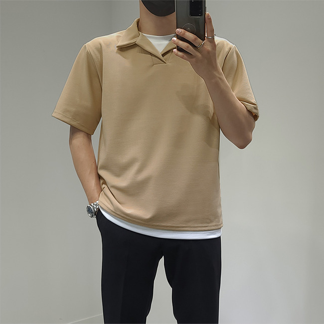 남자 도일 여름 미니멀 오픈 카라 반팔티 4컬러 90-105 이미지 4