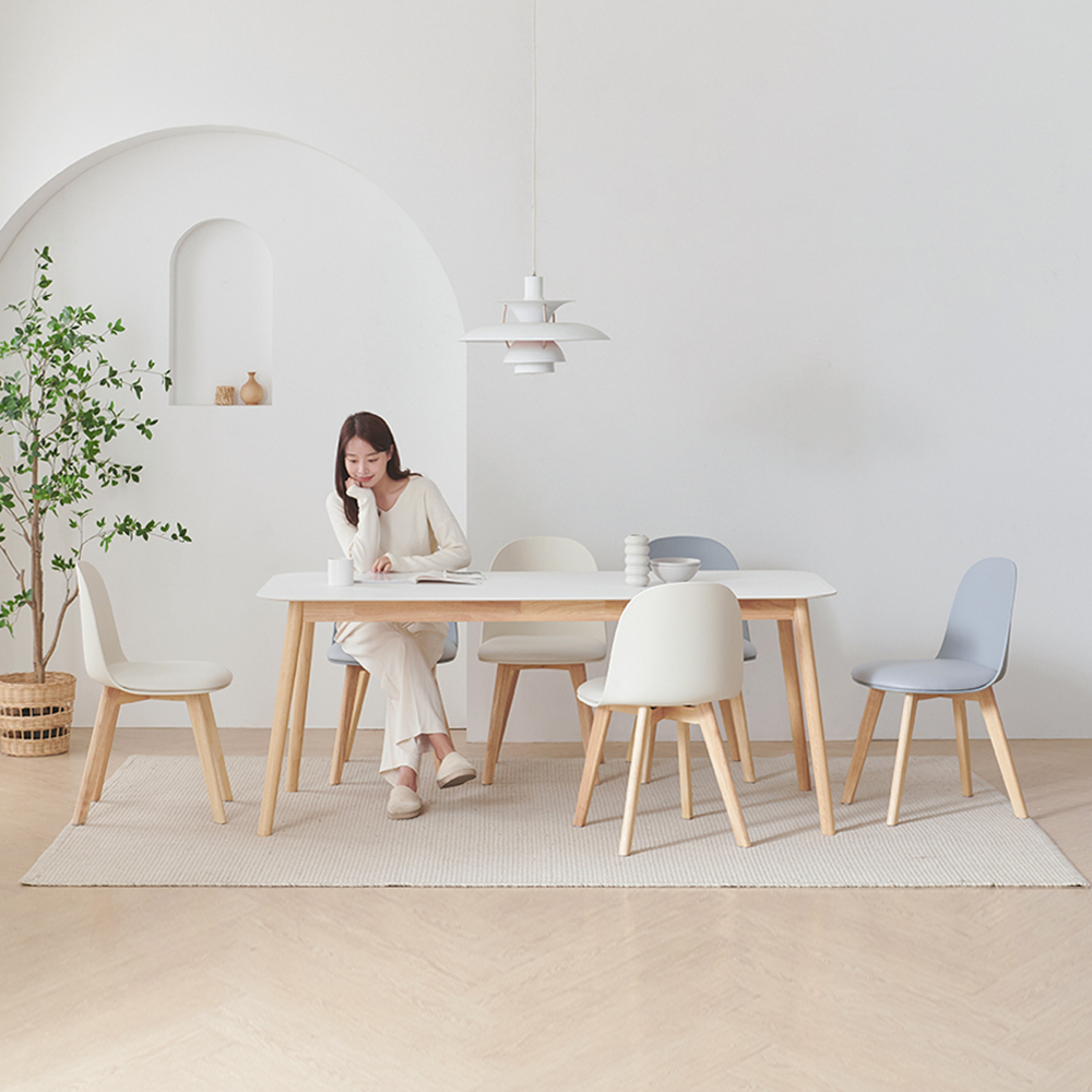 젠티아 1800 6인용 원목 포세린 화이트 원목 통 세라믹 식탁 세트 의자6개 포함