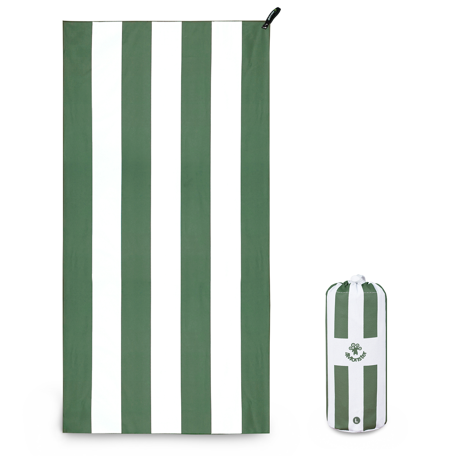 4몬스터 비치타올 스트라이프 극세사 대형 타월 다용도 수건 파우치 모스그린