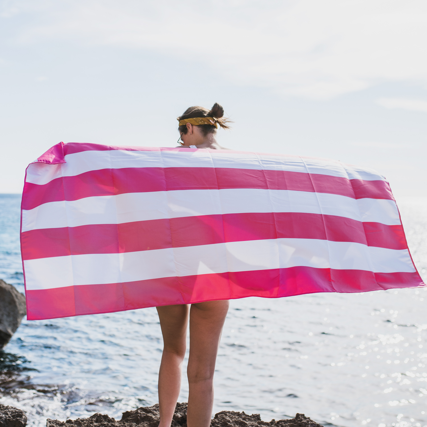 4몬스터 비치타올 스트라이프 극세사 대형 타월 다용도 수건 파우치 핑크