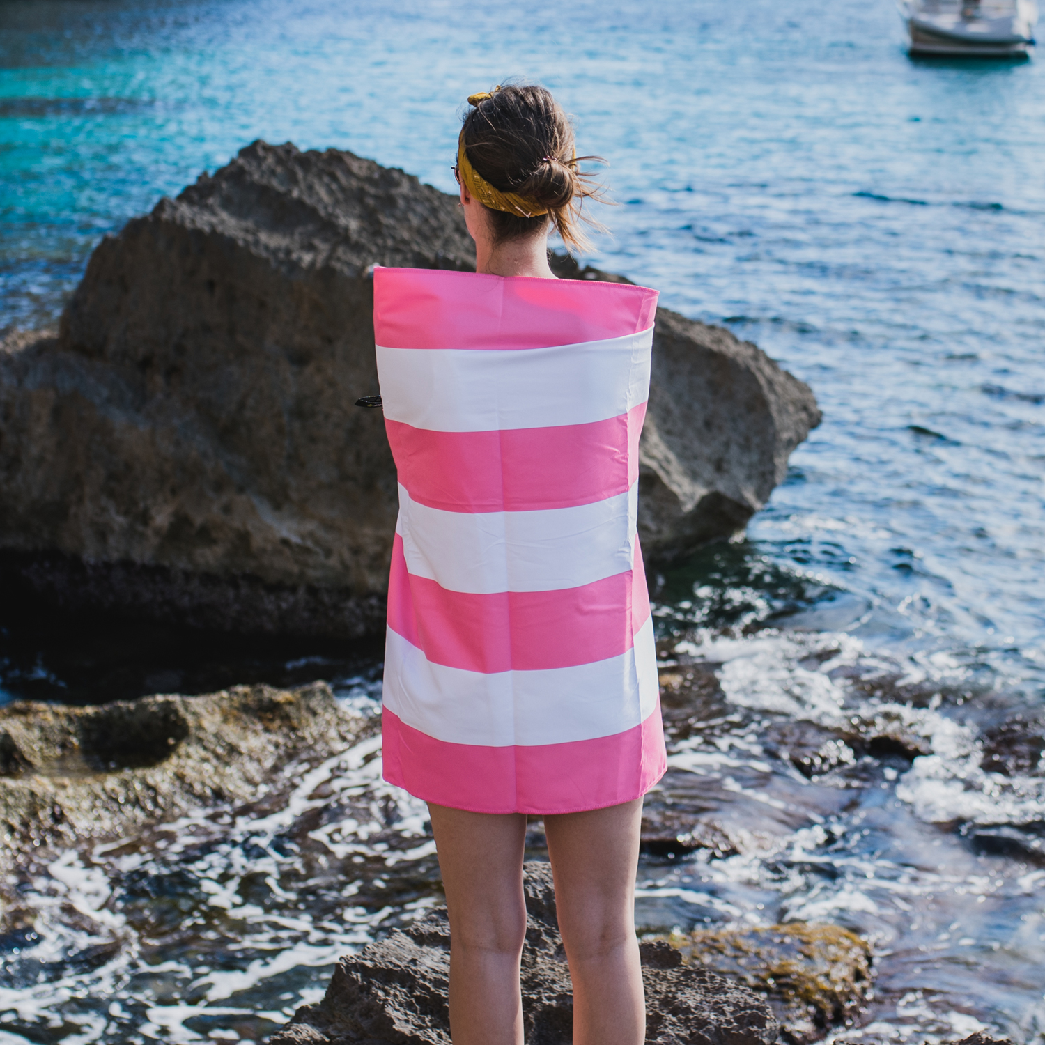 4몬스터 비치타올 스트라이프 극세사 대형 타월 다용도 수건 파우치 핑크