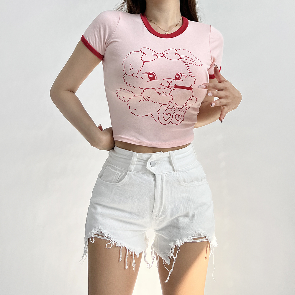 비빈 키치 토끼 프린팅 힙 배색 반팔 크롭티셔츠 3color 이미지 4