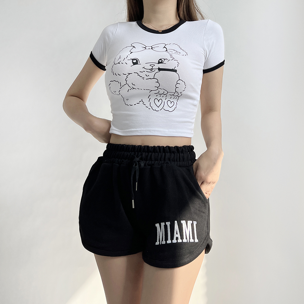 비빈 키치 토끼 프린팅 힙 배색 반팔 크롭티셔츠 3color 이미지 2