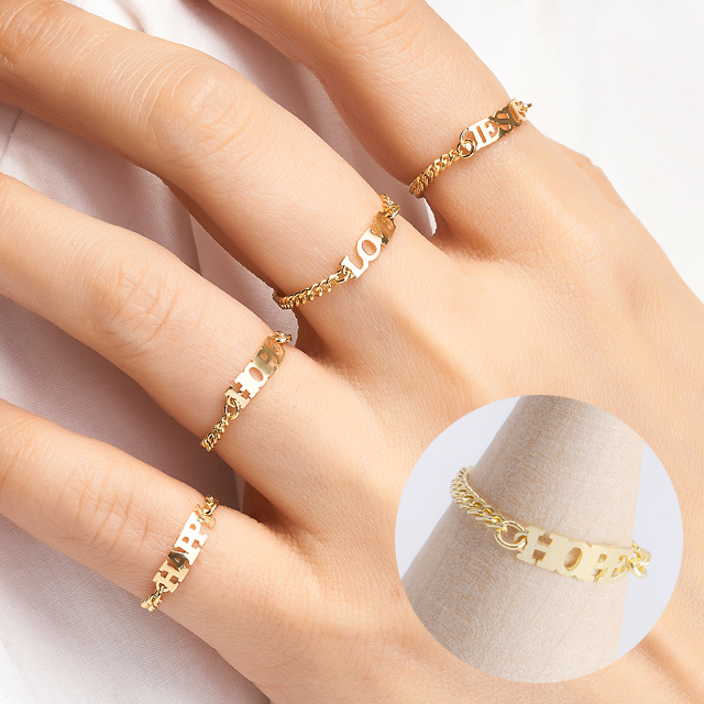 14k 이니셜 레터링 체인 금 반지