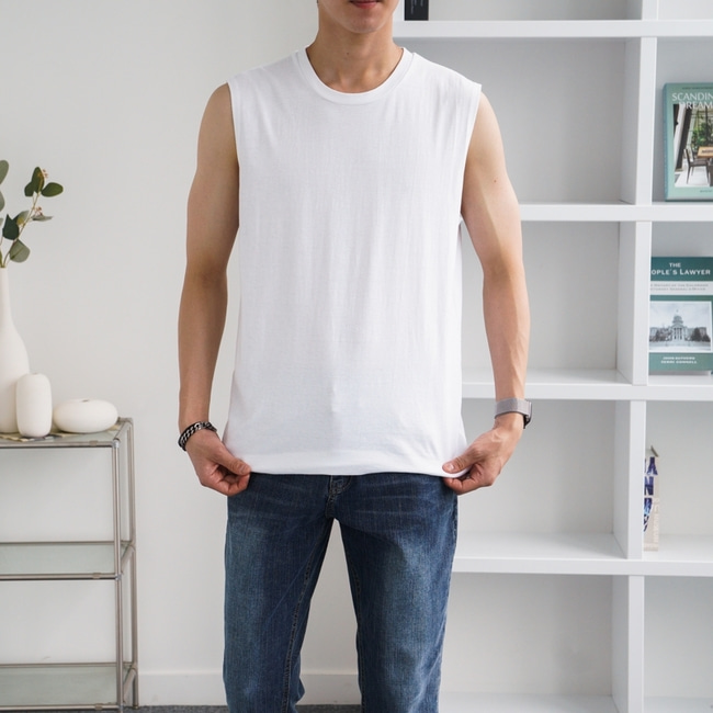 1+1 남자 체트 여름 무지 라운드 민소매 나시티 4컬러 이미지 2