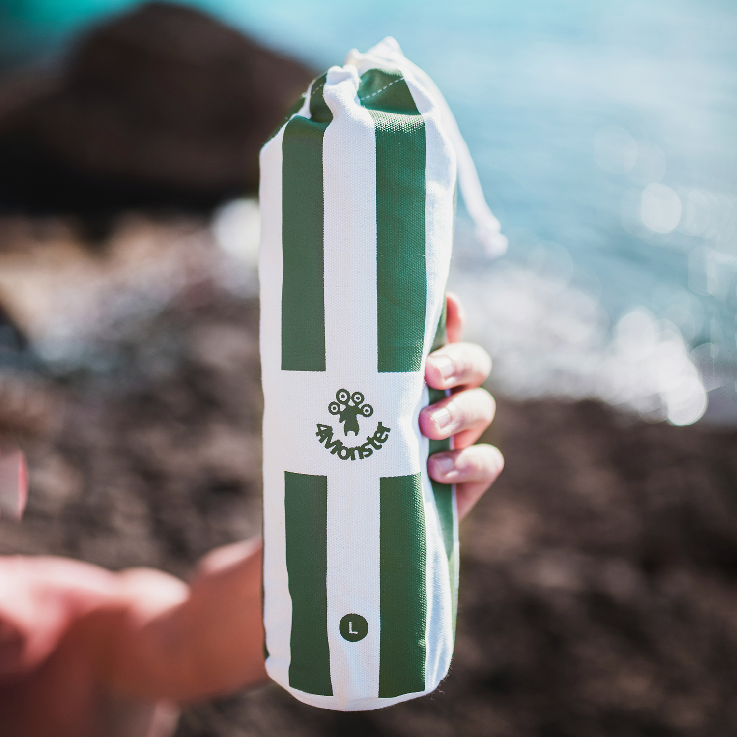 4몬스터 비치타올 스트라이프 극세사 대형 타월 다용도 수건 파우치 모스그린