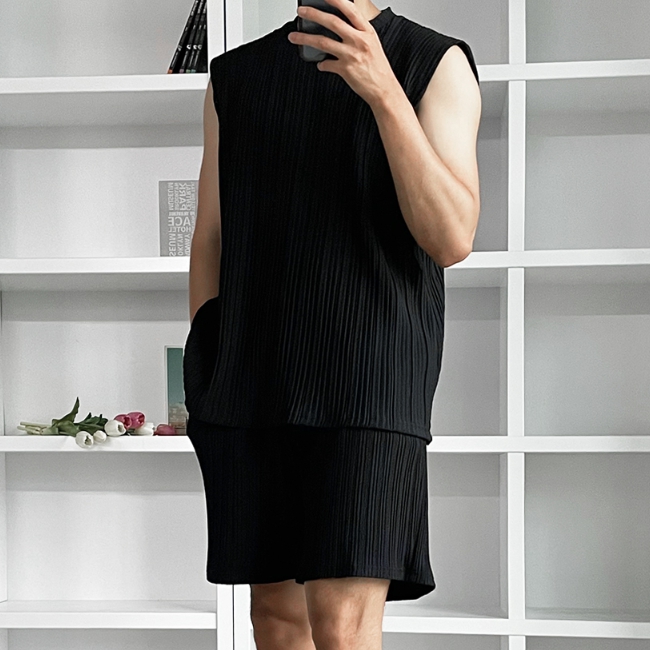 남자 갈스 여름 플리츠 민소매 나시티 아이보리 블랙 - 상세 이미지 3