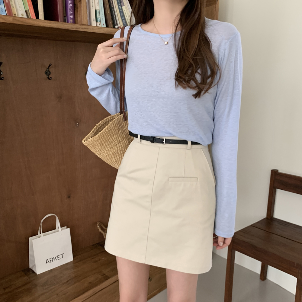 (벨트SET) 하이웨스트 코튼 가을 스커트 H라인 치마 여성 미니 스커트 베이지 블랙 - 상세 이미지 5