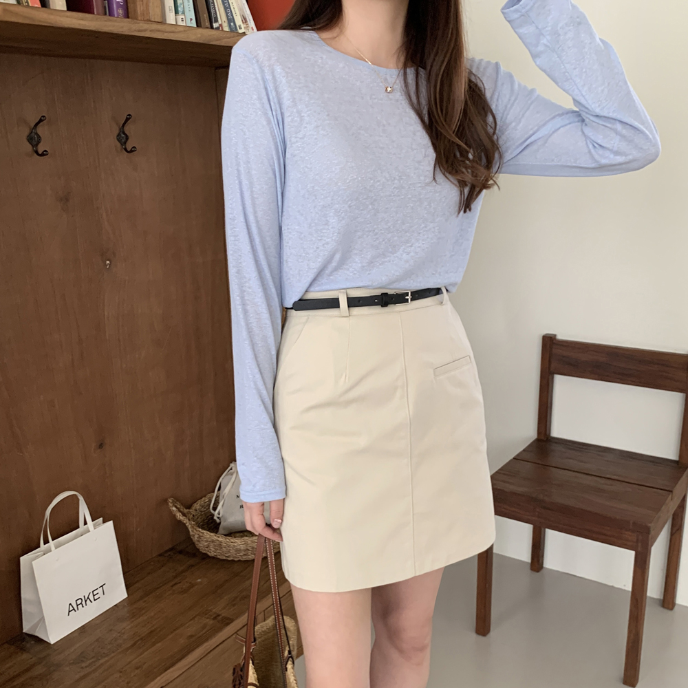 (벨트SET) 하이웨스트 코튼 가을 스커트 H라인 치마 여성 미니 스커트 베이지 블랙 - 상세 이미지 2