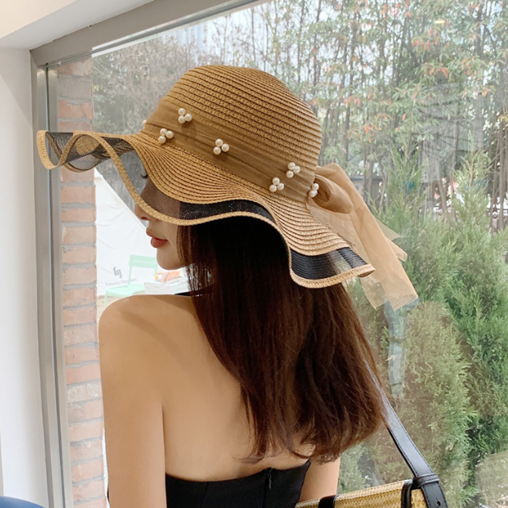 진주 리본 비치모자 브라운 바캉스 밀짚모자 - 상품 이미지