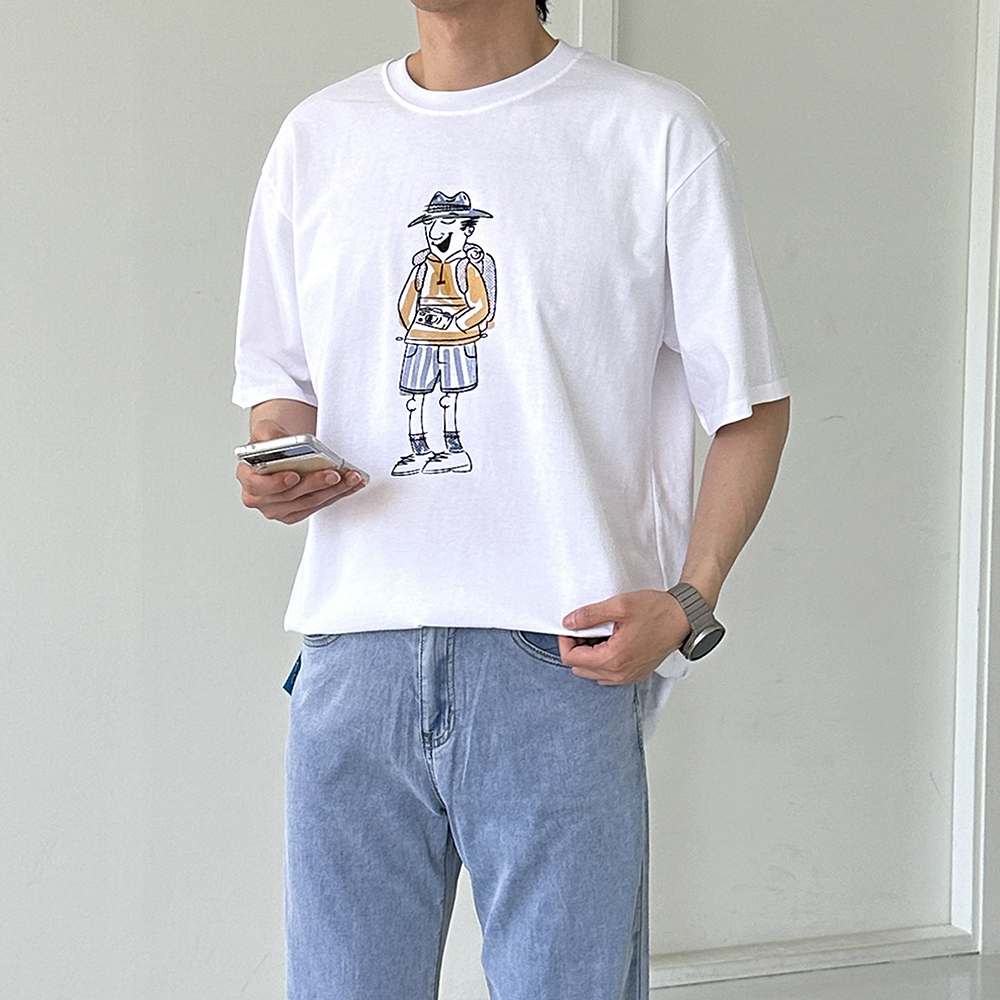 남자 오버핏 반팔티 커플 면 반팔 티셔츠 - 상세 이미지 3