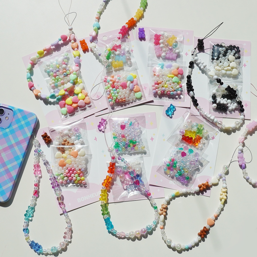 핸드폰 비즈 스트랩 줄 키링 만들기 DIY 키트 [젤리곰 8종 세트 스마트폰 하트 재료] - 상품 이미지