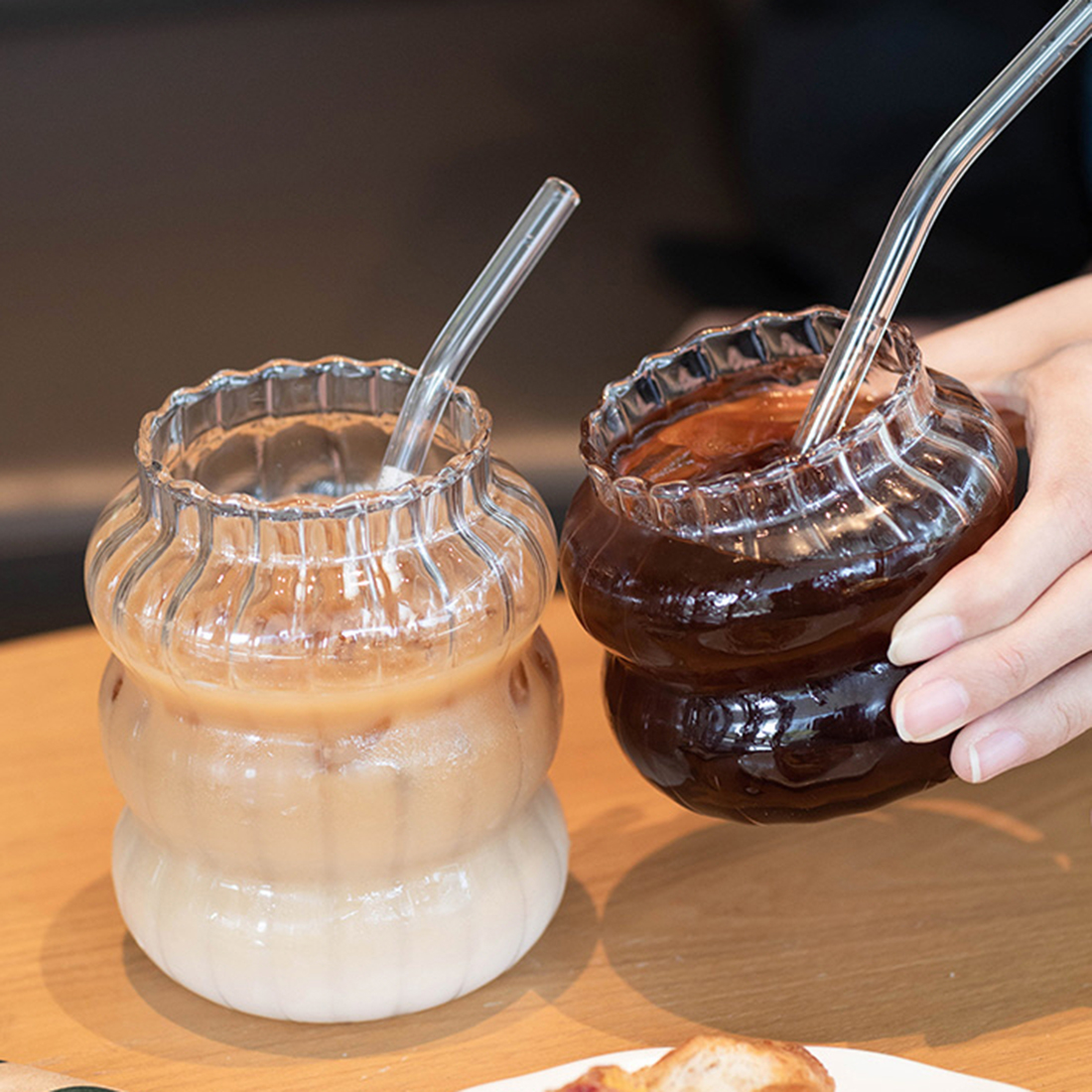 홈카페 볼륨플리츠 대용량 잔 플랫화이트 냉커피 아이스아메리카노 맥주잔 내열 유리컵 3종 - 상세 이미지 5