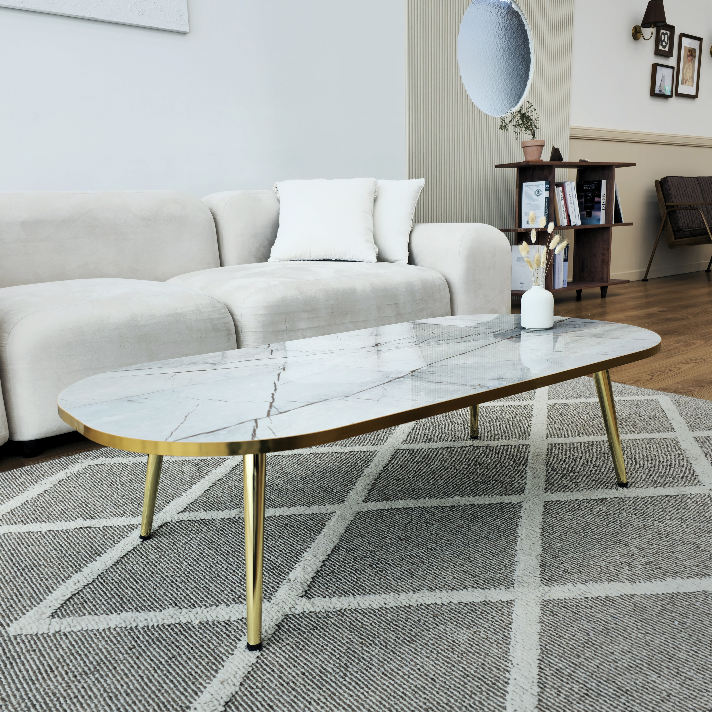 메리골드리빙 국산 거실 테이블 좌식 쇼파 타원형 티테이블 고정식 다리 1골드 대리석