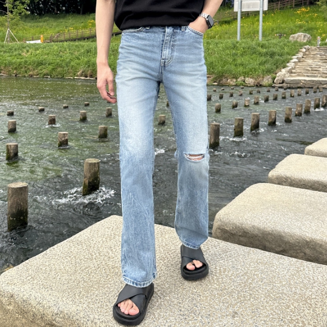 남자 부첵 시와워싱 프리미엄 디스 부츠컷 데님 팬츠 중청 이미지 6