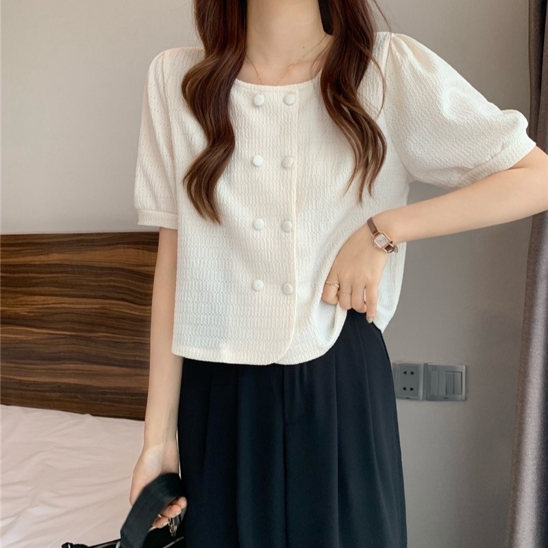 여자여자몰 단정 예쁜컬러 자켓블라우스 퍼프소매 여름반팔블라우스 핑크 오피스룩 이미지 7