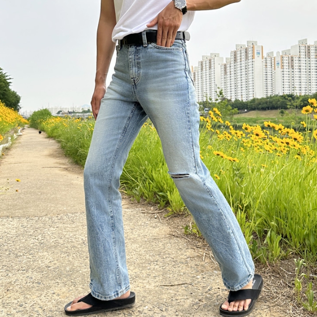 남자 부첵 시와워싱 프리미엄 디스 부츠컷 데님 팬츠 중청 이미지 7