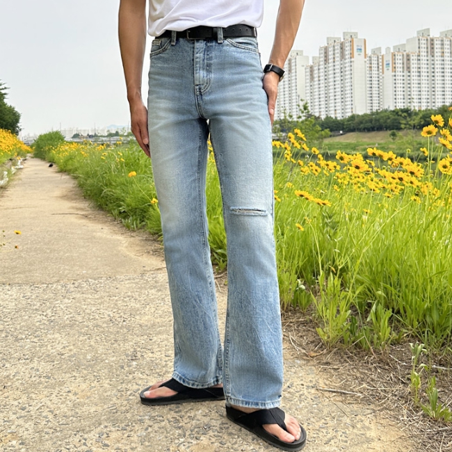 남자 부첵 시와워싱 프리미엄 디스 부츠컷 데님 팬츠 중청 - 상세 이미지 5