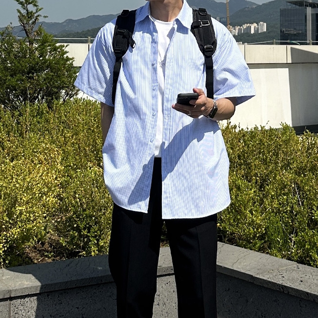 남자 마뇽 여름 오버핏 스트라이프 옥스포드 반팔 셔츠 이미지 4