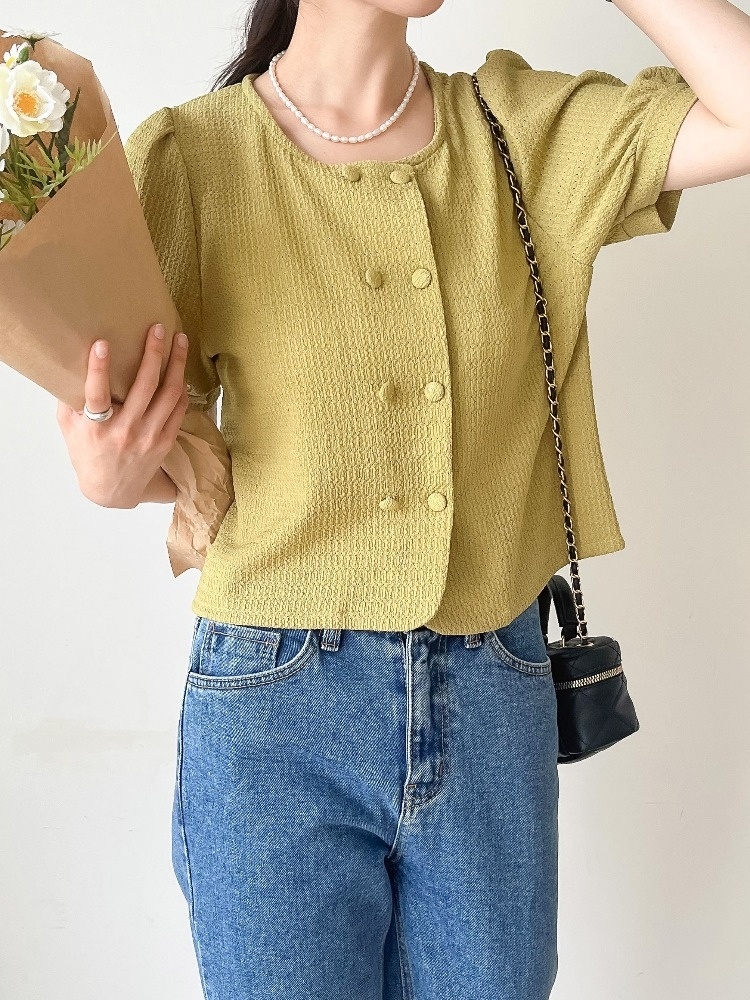 여자여자몰 단정 예쁜컬러 자켓블라우스 퍼프소매 여름반팔블라우스 핑크 오피스룩 - 상세 이미지 3