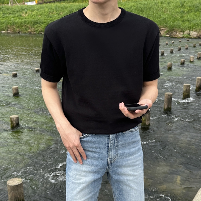 남자 옥스프링 여름 아이스 린넨 면 반팔 라운드 니트 이미지 3