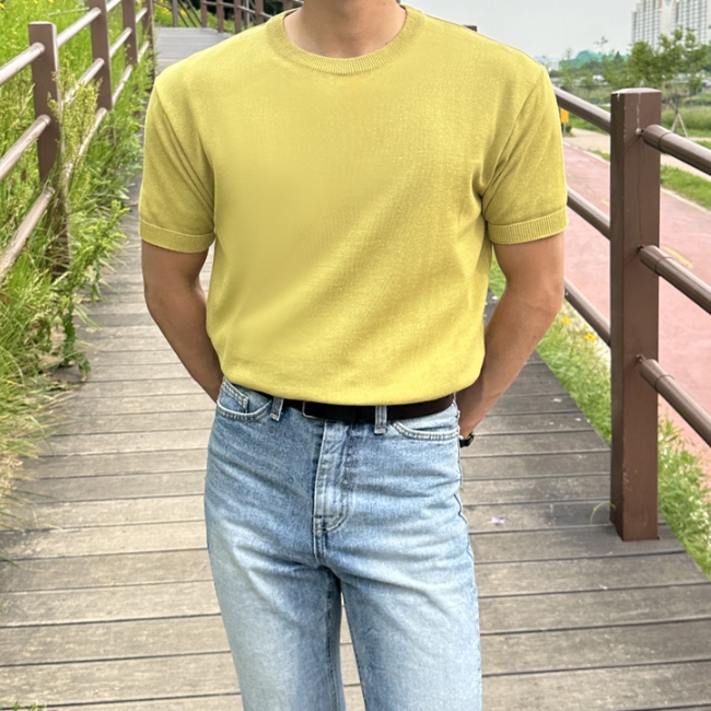 남자 옥스프링 여름 아이스 린넨 면 반팔 라운드 니트 이미지 7