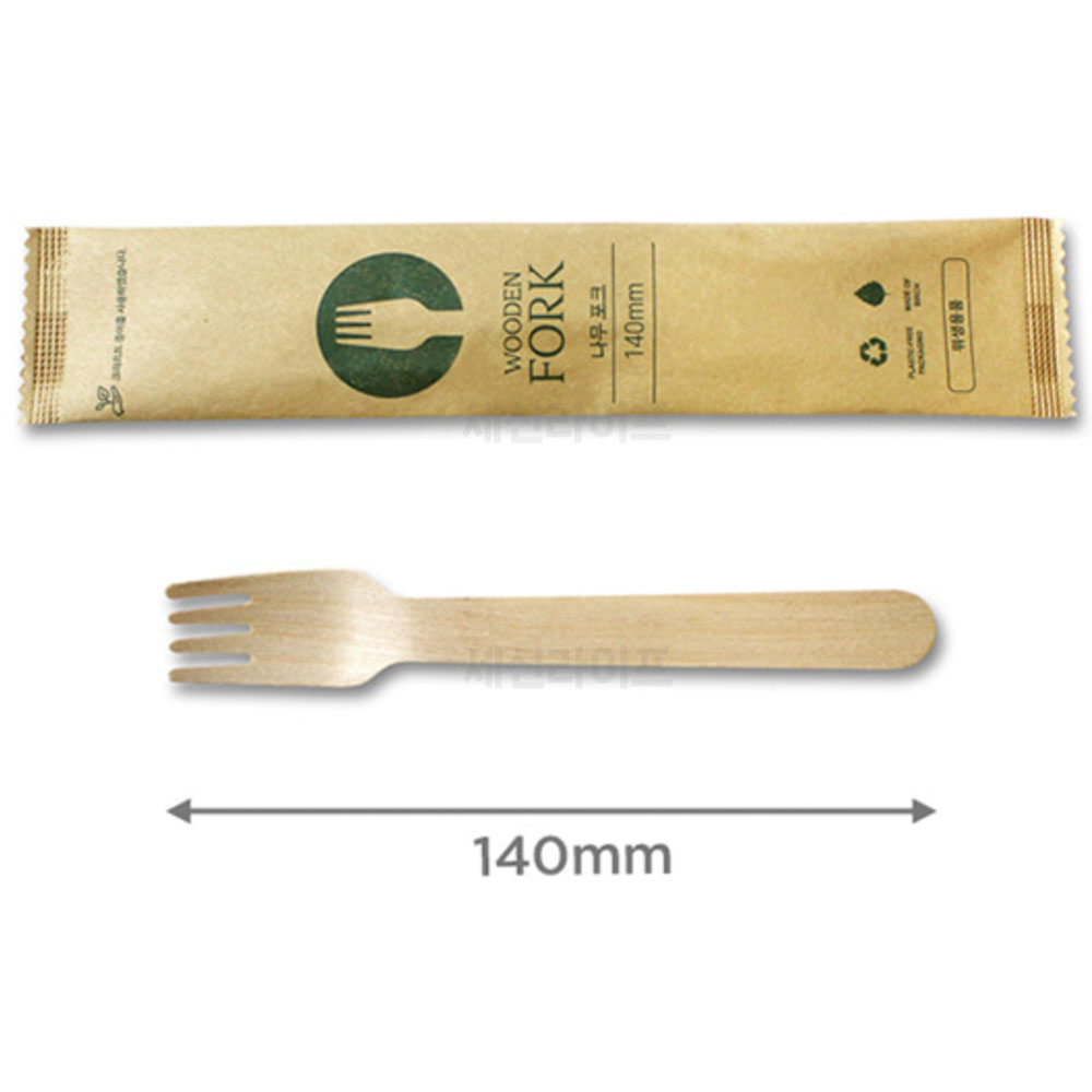 친환경 일회용 나무 포크 140mm 100개 크라프트지 개별포장 (1749) 디저트 과일 포크 - 상세 이미지 2