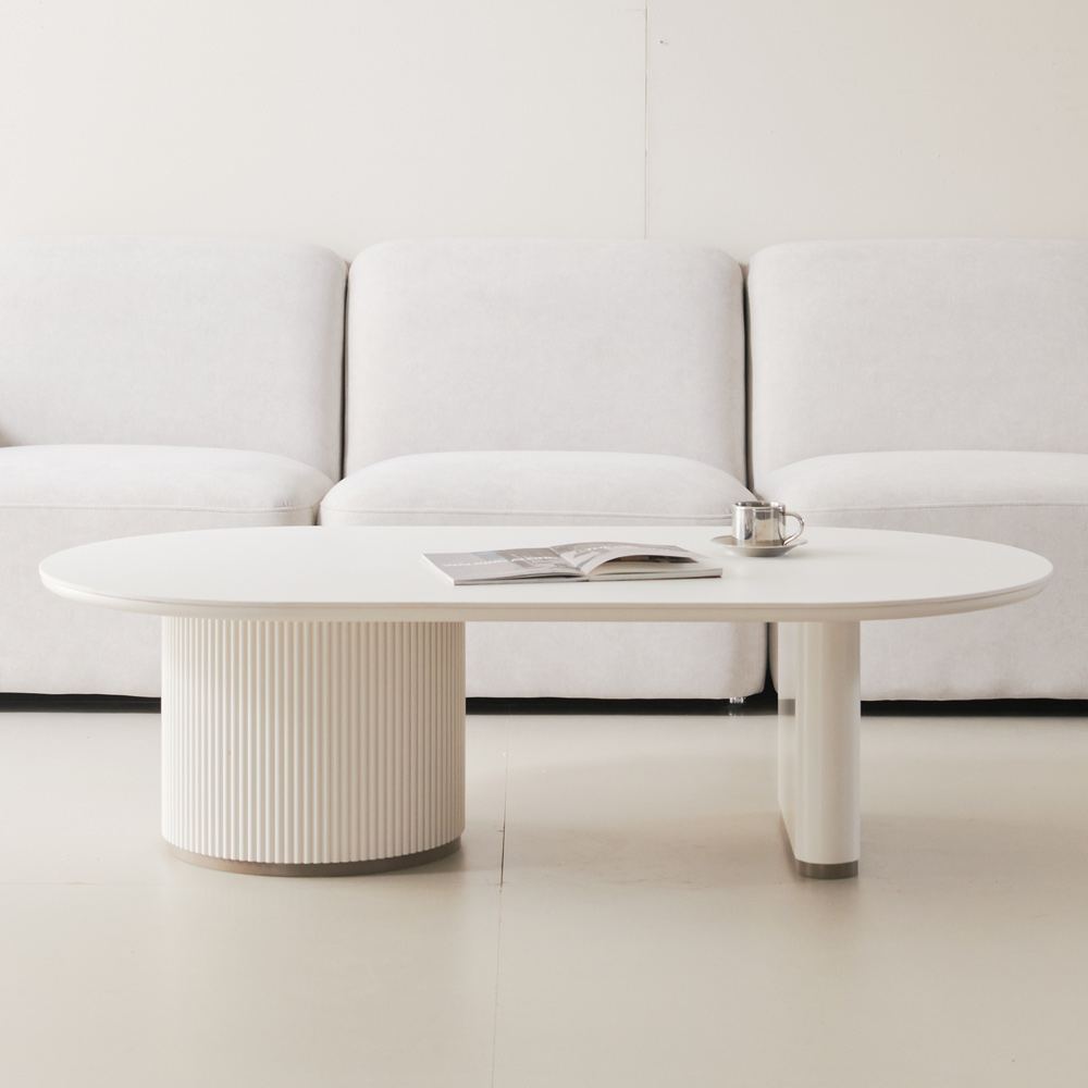 블랑드 밀크 세라믹 템바보드 거실 쇼파 테이블 양타원형 1300, 화이트