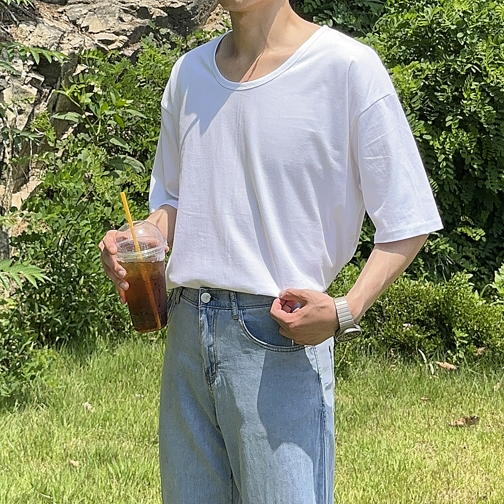 남자반팔티 레이어드 이너 유넥 남자오버핏반팔 이미지 1