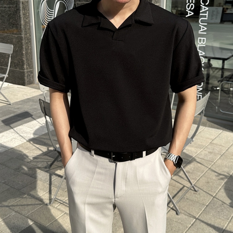 남자 남자 만자니오 여름 미니멀 오픈 카라 반팔티 이미지 4