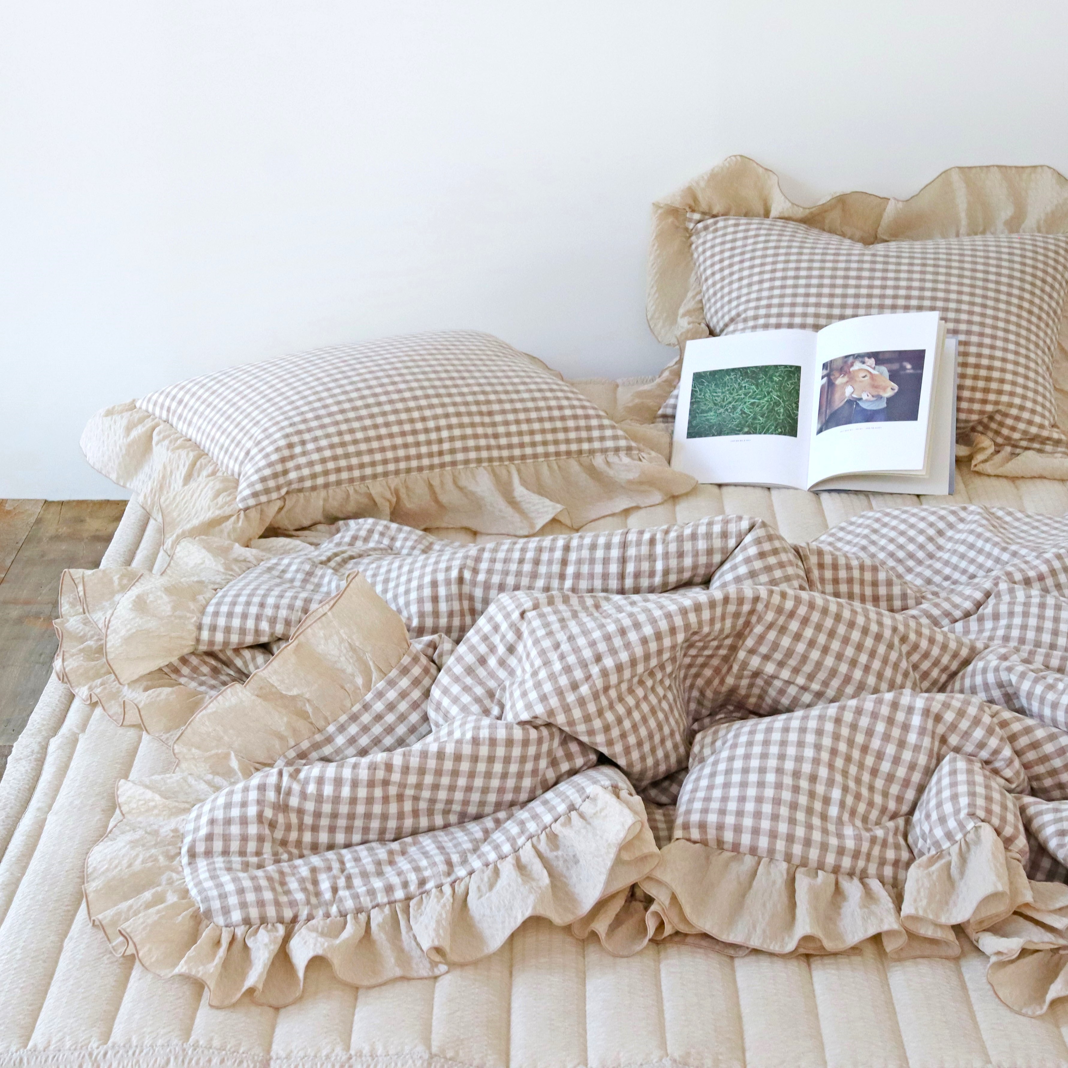 그레이스 깅엄 체크 광목 에어워싱 시어서커 프릴 먼지없는 시원한 여름 차렵이불 세트 SS