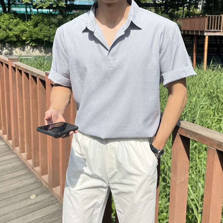 남자 케팬 여름 링클프리 린넨 반팔 반오픈 카라 셔츠 7컬러 이미지 2