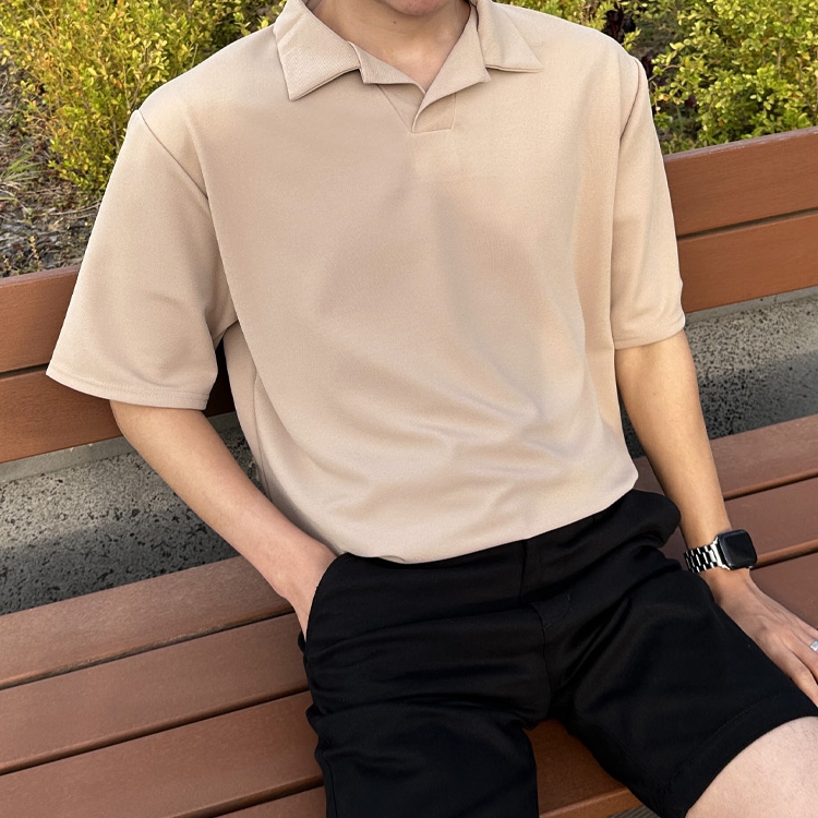 남자 남자 만자니오 여름 미니멀 오픈 카라 반팔티 이미지 3