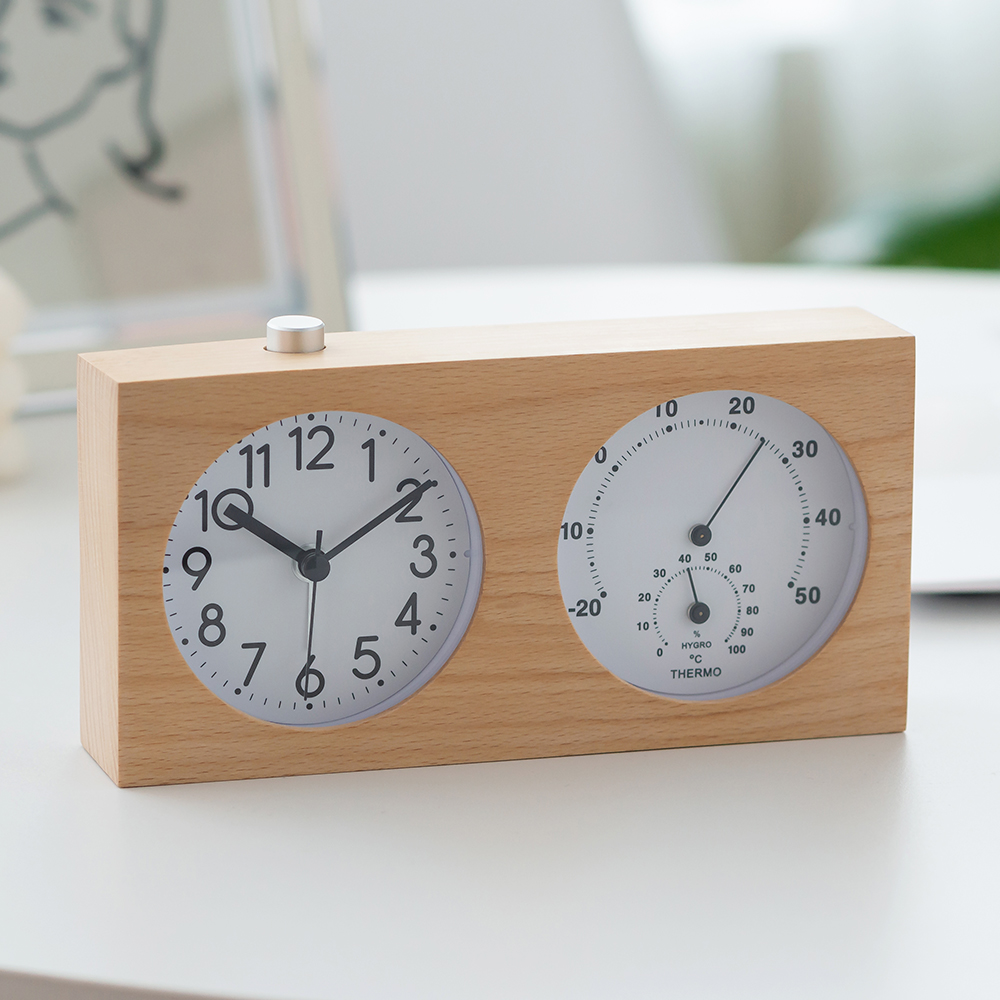 플라이토 인테리어 우드 탁상시계 무소음 온습도 책상 테이블 아날로그 미니 알람시계 비치