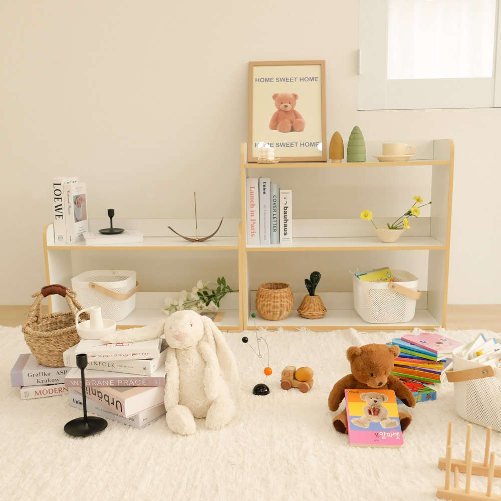 심플룸 아기 책장 교구장 유아 전면 원목 우드 아이 2단 책장 화이트