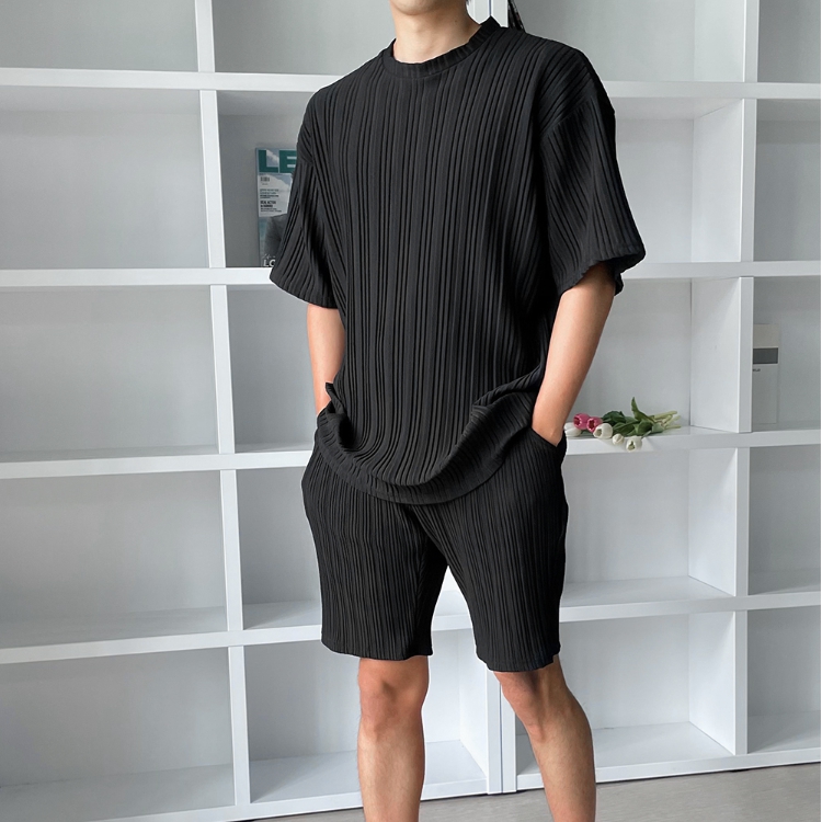 남자 2타입 갈스 여름 플리츠 나시티 반팔티 반바지 트레이닝 세트 아이보리 블랙 이미지 2