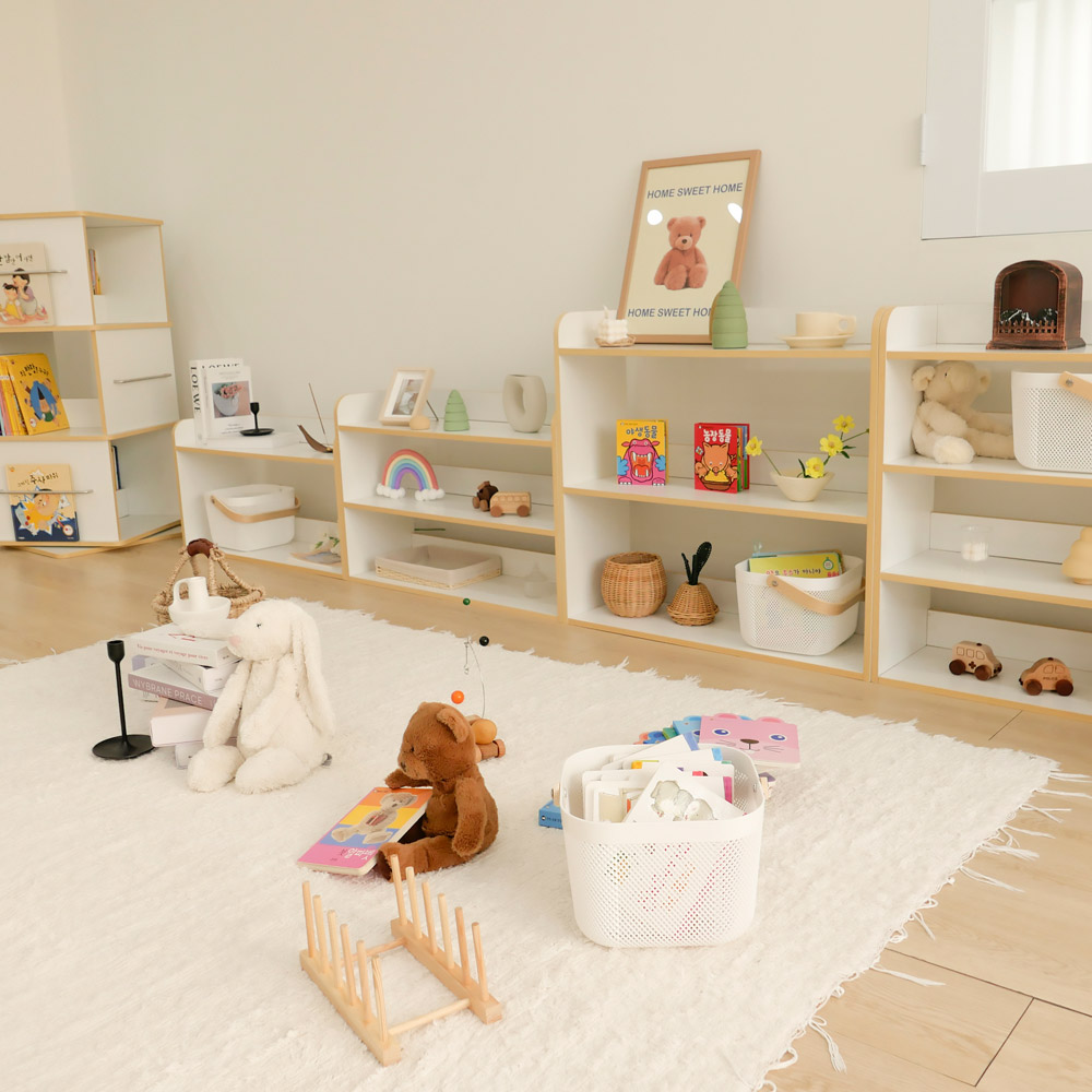 심플룸 아기 책장 교구장 유아 전면 원목 우드 아이 2단 책장 화이트