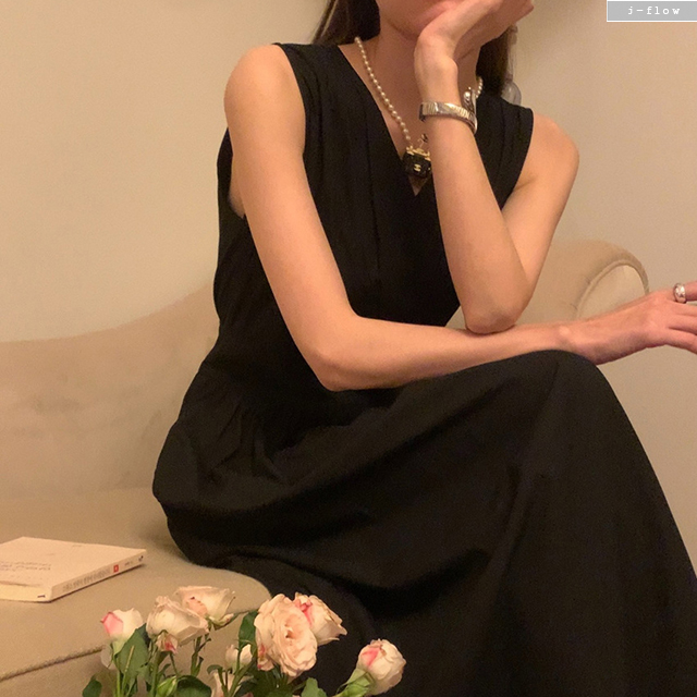 데이즌 랩브이넥 코튼 민소매 맥시 롱원피스 2col 여름 A라인 플레어 이너 제이플로우 - 상세 이미지 2